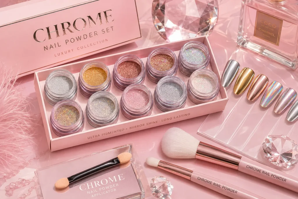 Chrome Nail Powder Kit with holographic and mirror effect pigments for trendy summer gel nail designs.
