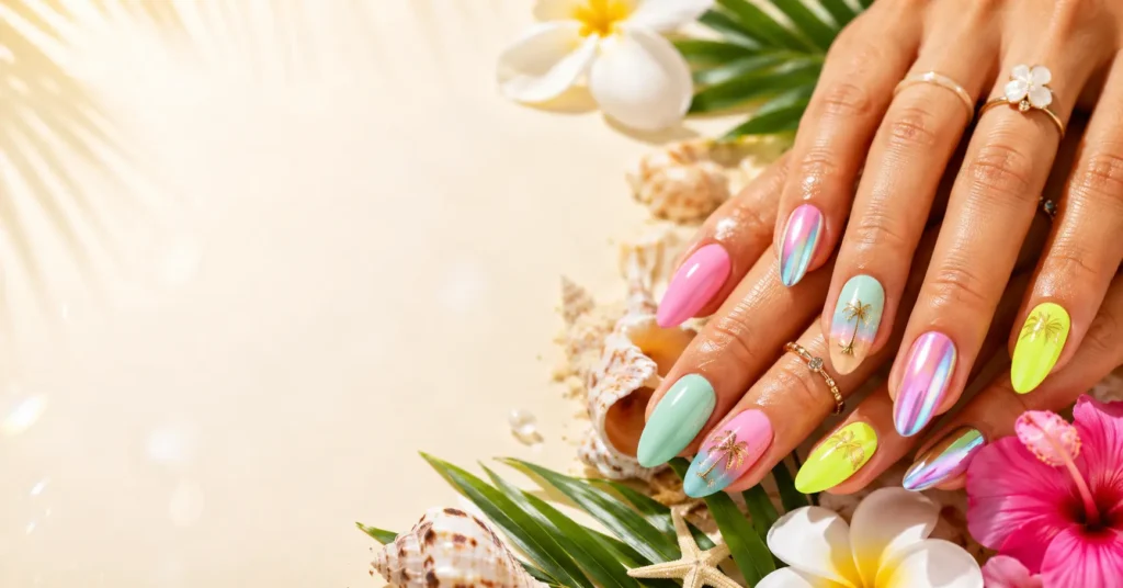 Summer nail ideas 2026 featuring pastel, chrome, neon, and beach-inspired nail designs