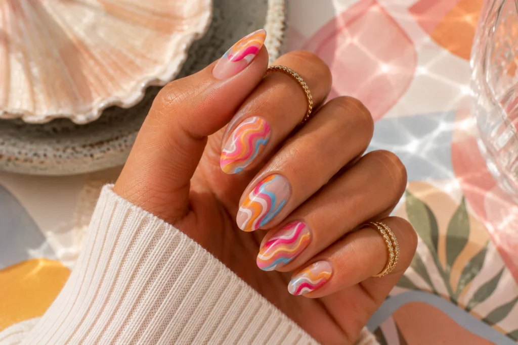 Abstract colorful swirl nails for summer 2026