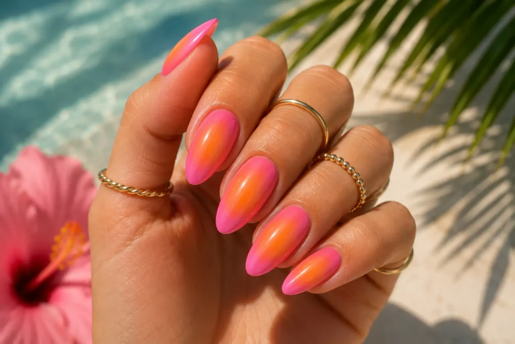 Aura gel nails with pink and orange gradient summer design.