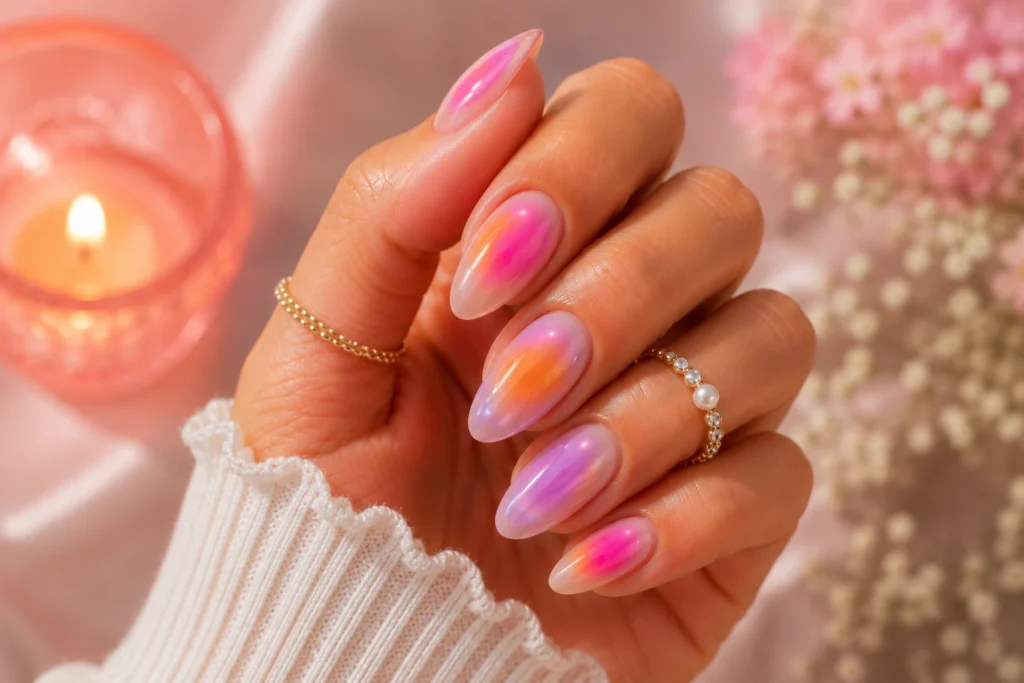 Aura nails with colorful glowing gradient effect.