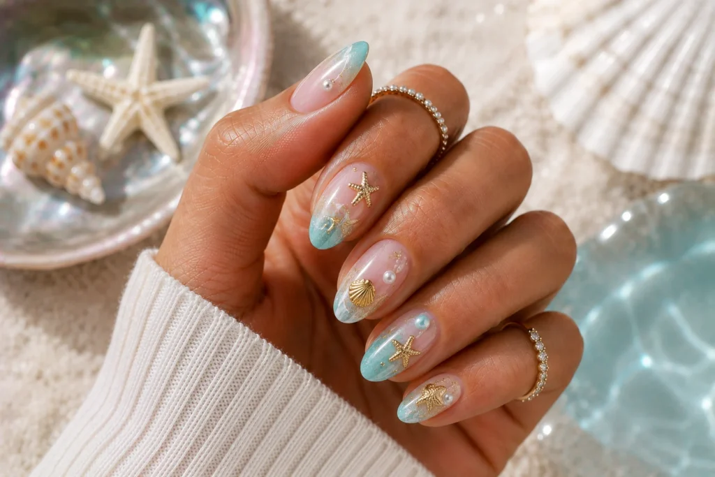 Beach-inspired starfish and seashell nail art