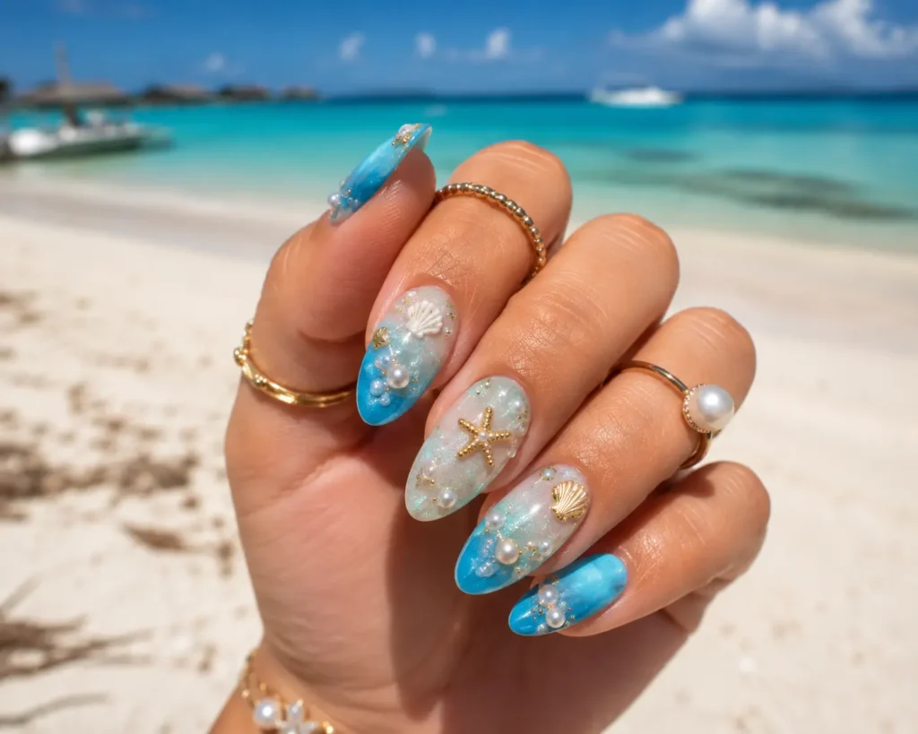 Beach-inspired summer nails with seashell nail art.