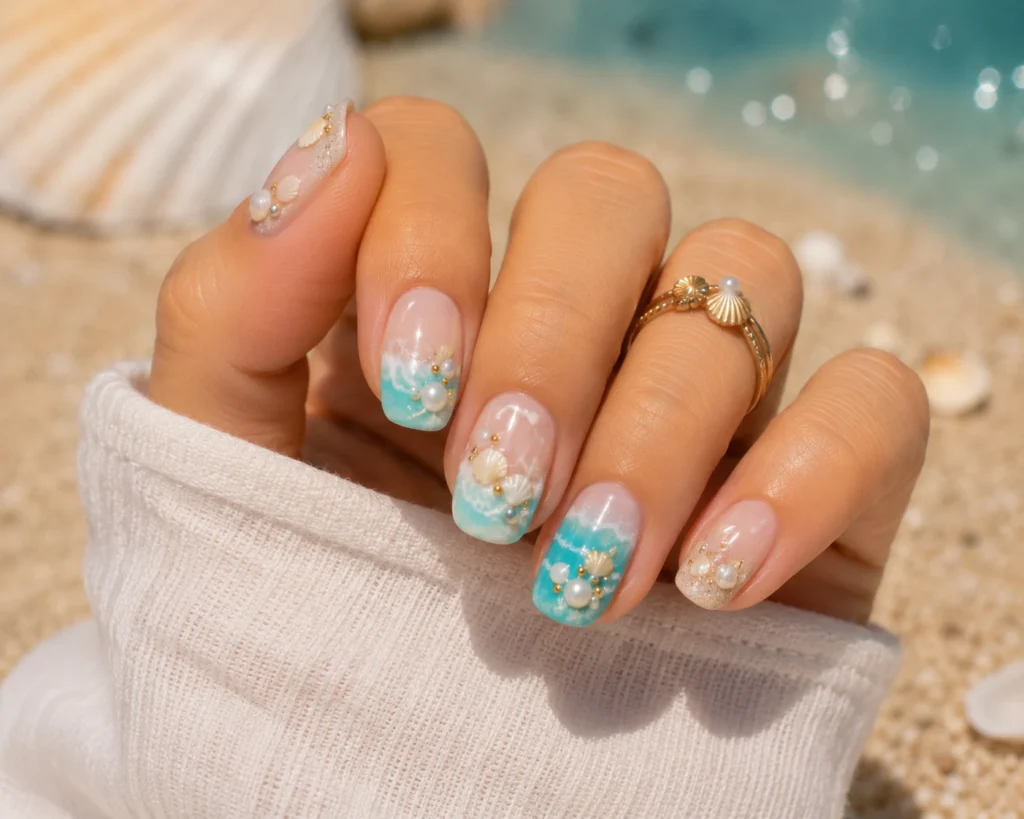 Beach vacation nails with seashell and ocean-inspired summer design.
