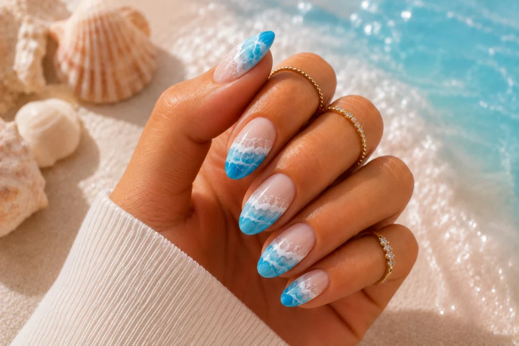 Beach wave nail art inspired by ocean waves
