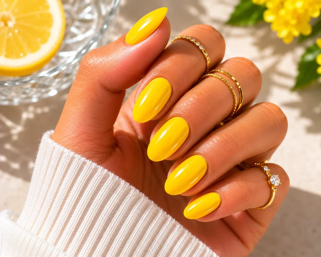 Bright lemon yellow summer nails 2026