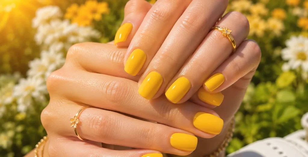 Bright sunny yellow summer nails 2026 on short almond-shaped nails