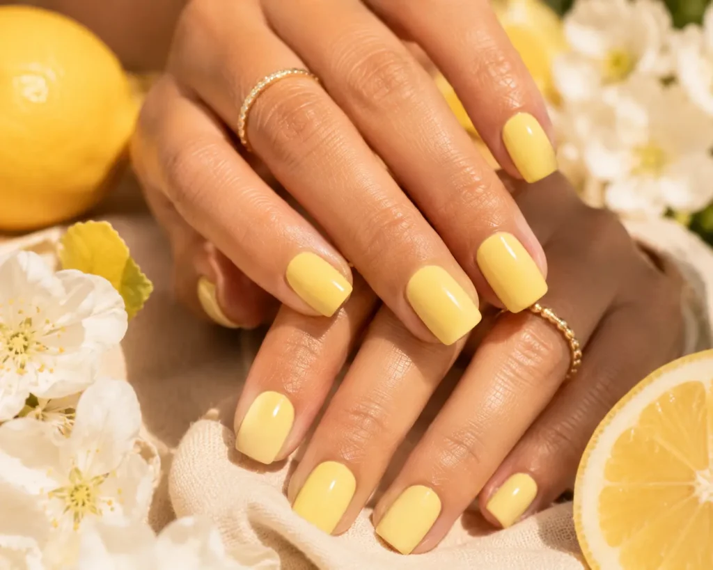 Butter yellow summer nails 2026 on short square nails.