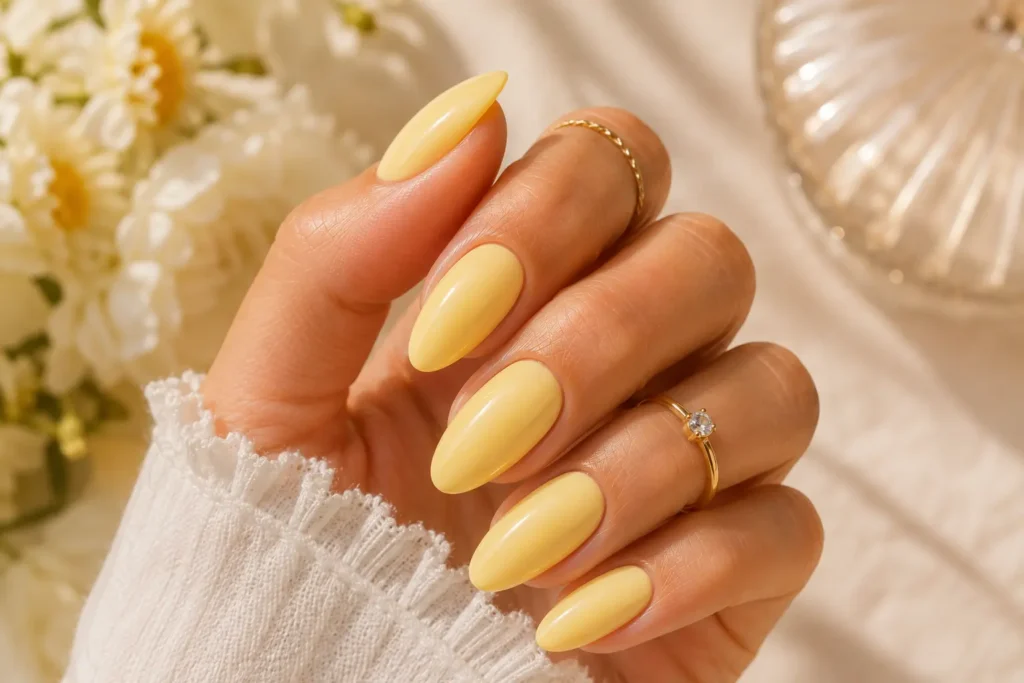 Butter yellow summer nails 2026 with glossy finish