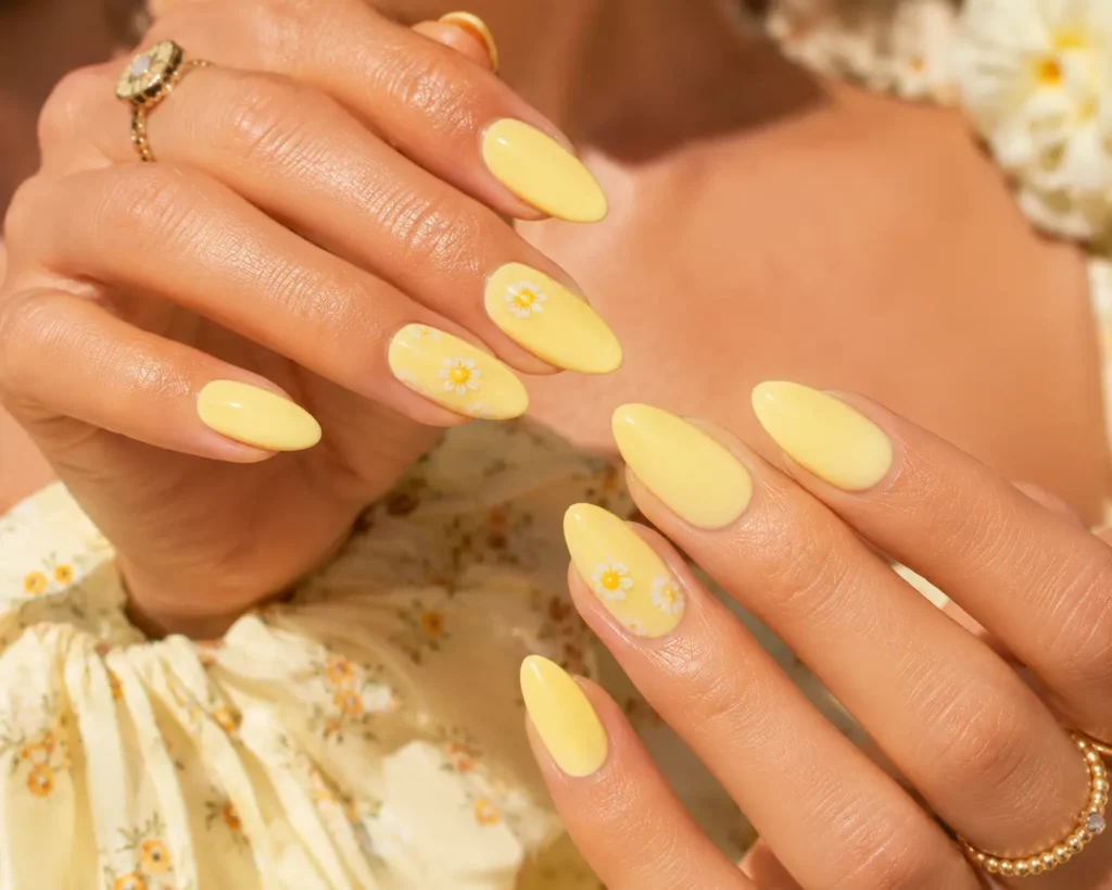 Butter yellow summer nails 2026 with glossy finish and elegant minimalist design.
