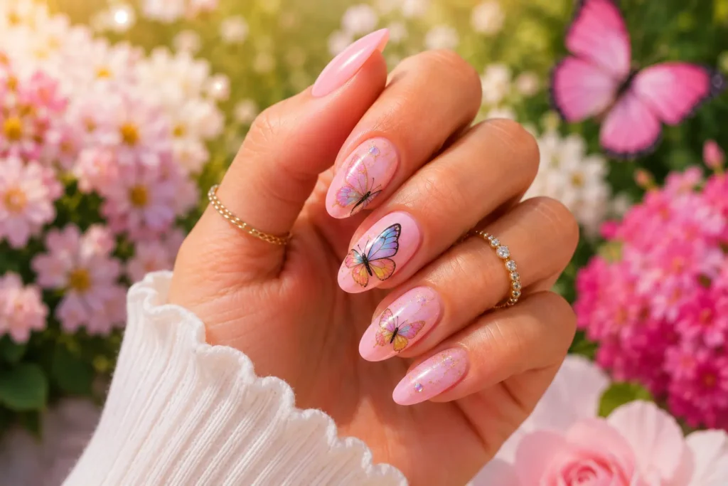 Butterfly nail art design on soft pastel summer nails.