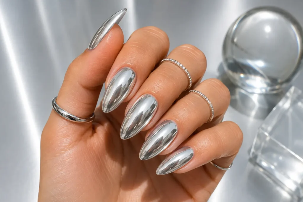 Chrome glass gel nails with reflective mirror finish.