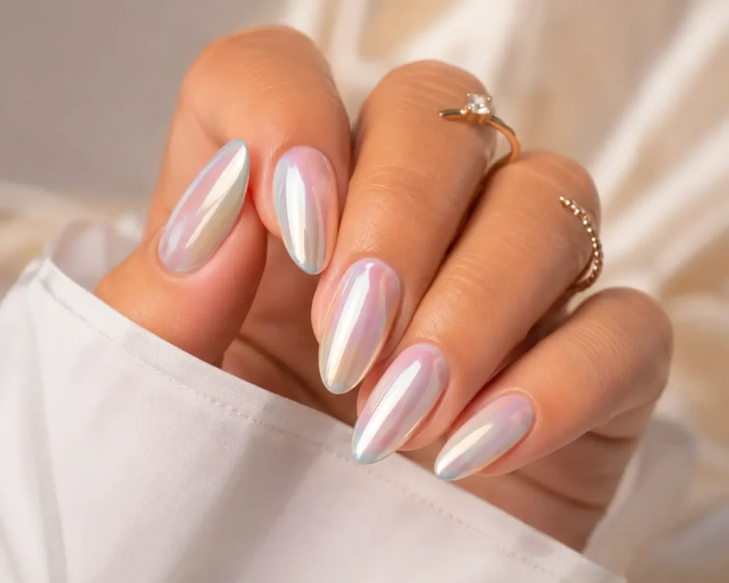 Chrome glazed summer nails with pearl shine and glossy finish.