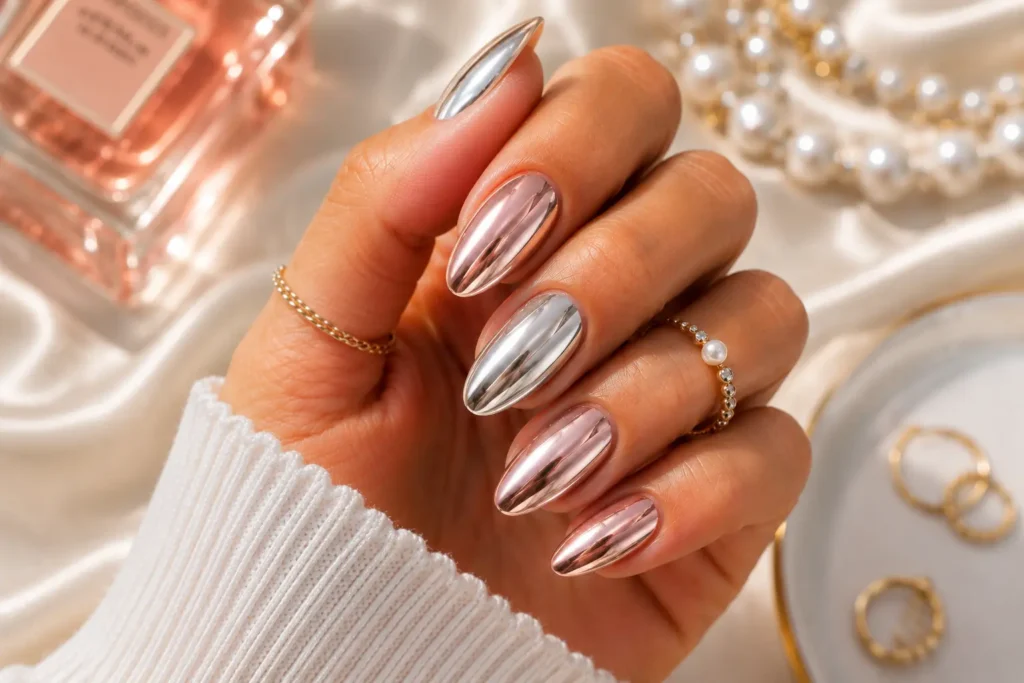 Chrome metallic nails with shiny reflective finish.