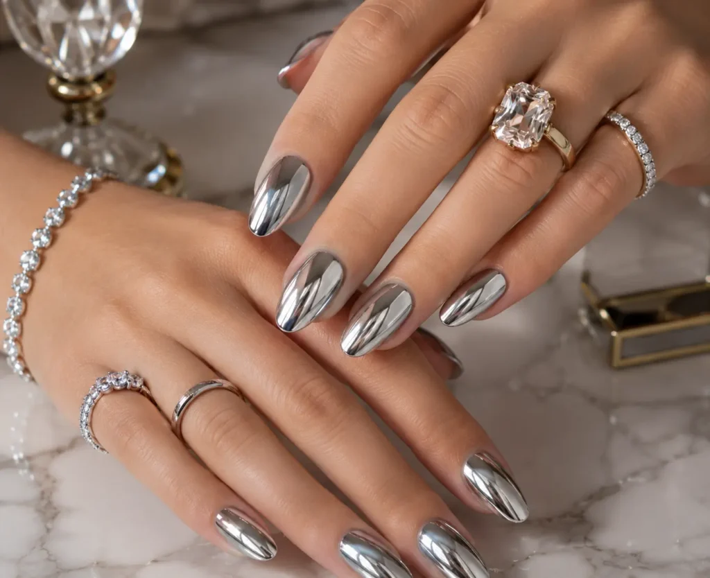 Chrome summer nails 2026 with mirror finish.