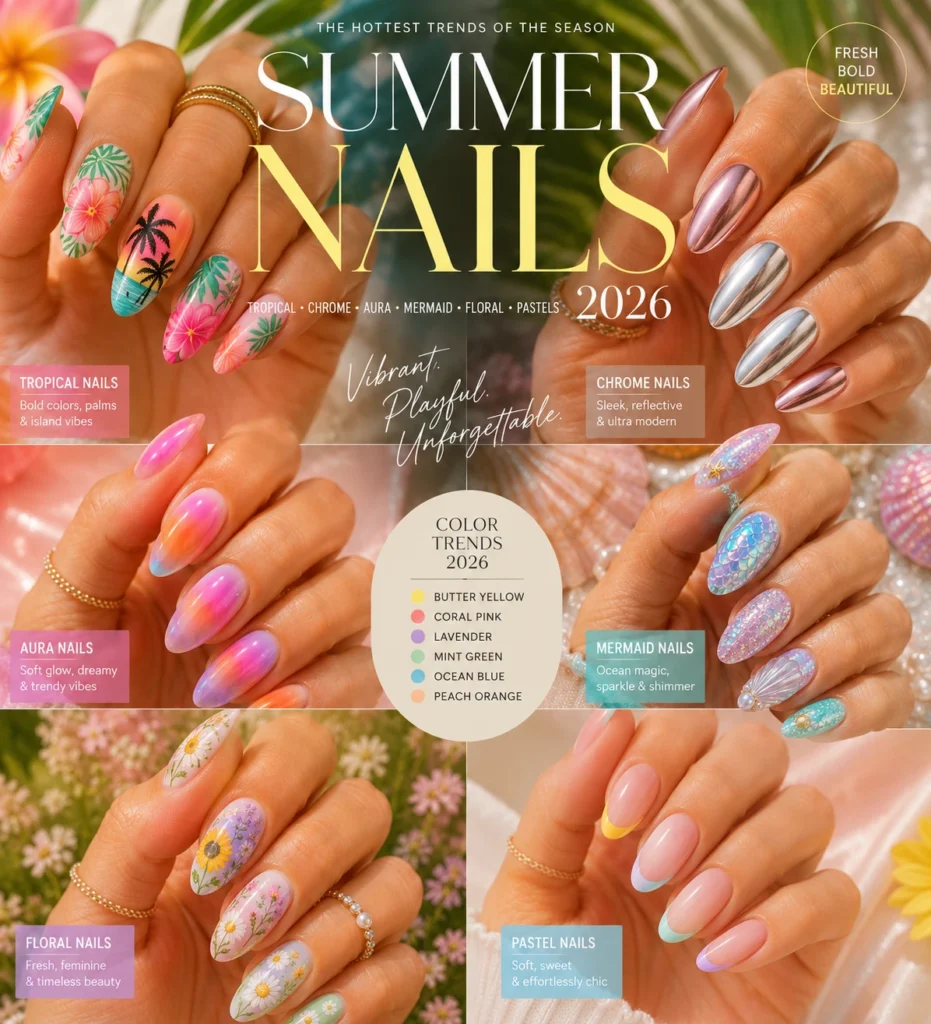 Collage showcasing the hottest Summer Nails 2026 trends and designs.