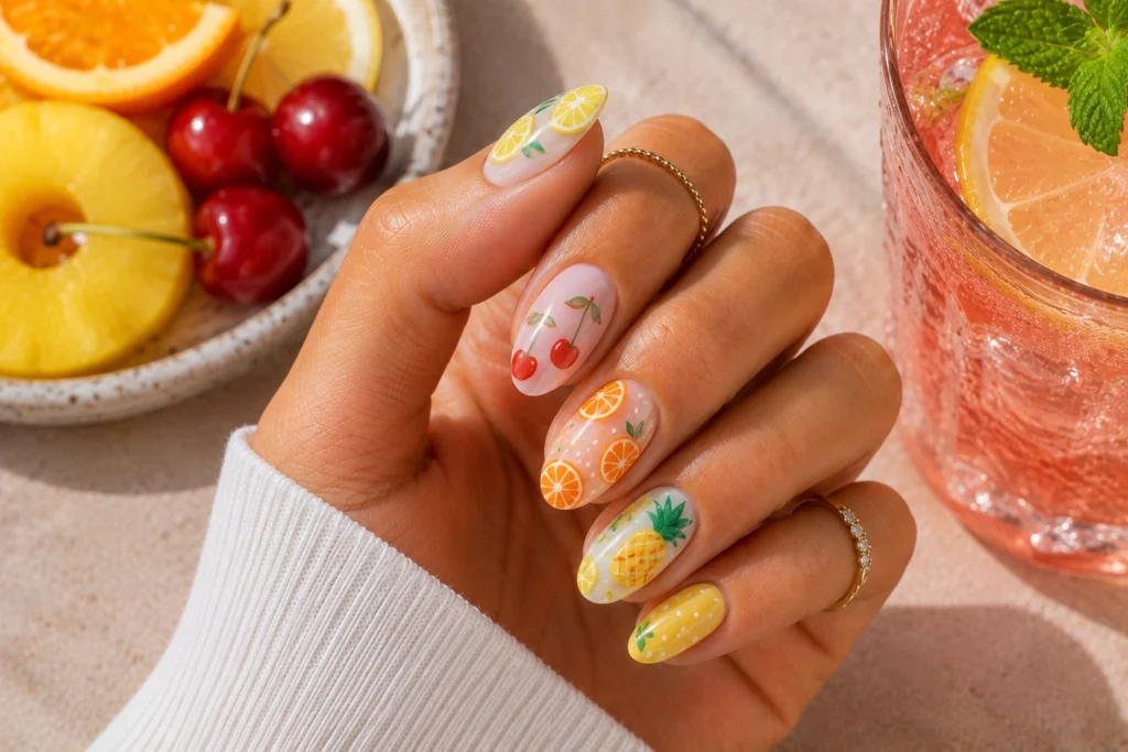 Colorful tropical fruit nail art for summer