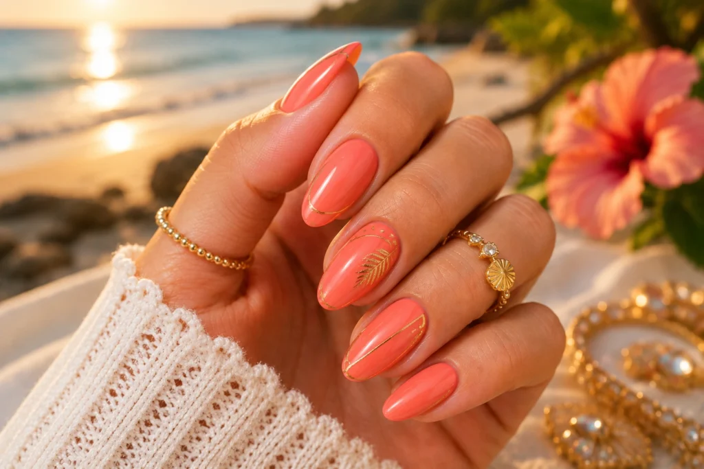 Coral reef inspired nail design with tropical summer colors