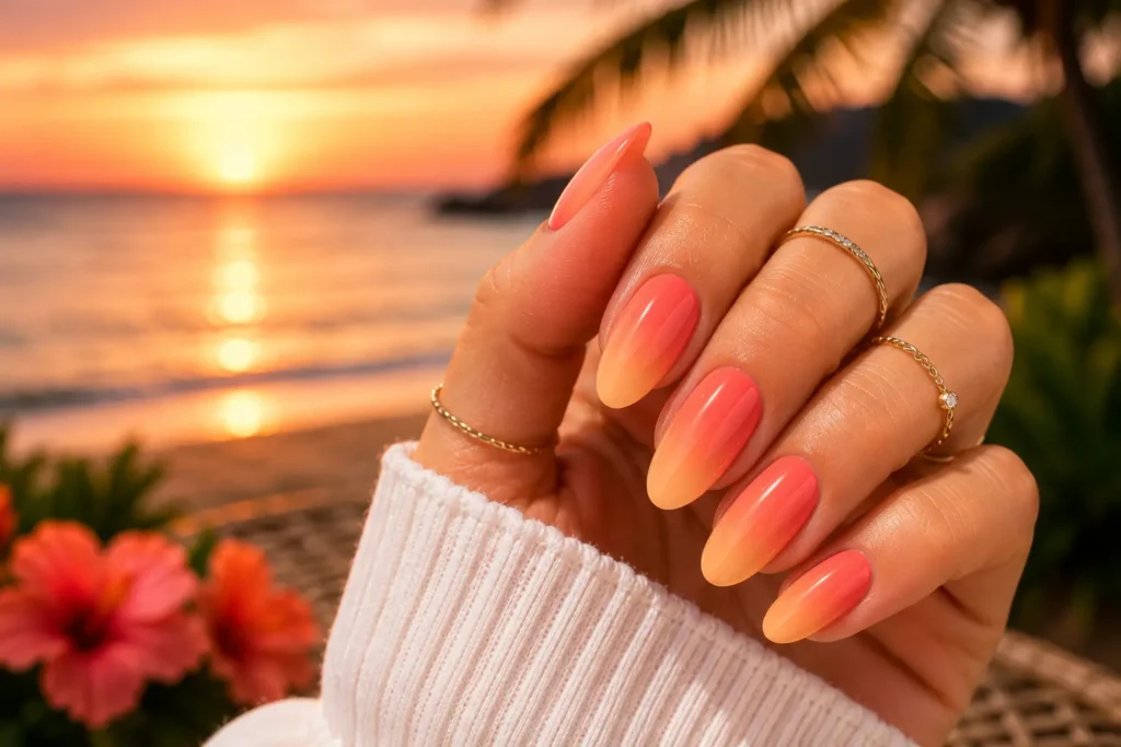Coral sunset gel nails with trendy ombre summer design.