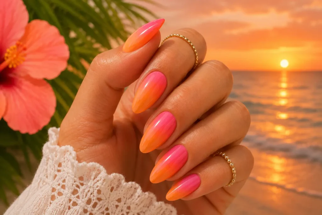 Coral sunset nails with warm summer colors