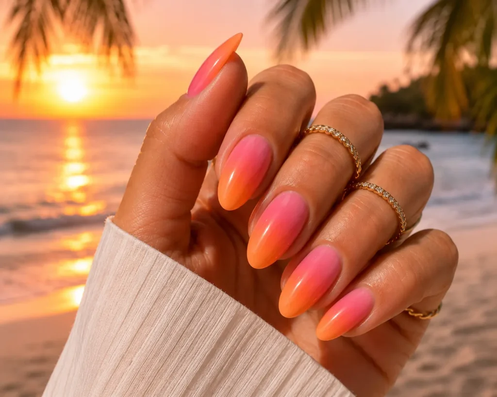 Coral sunset ombre summer nails.