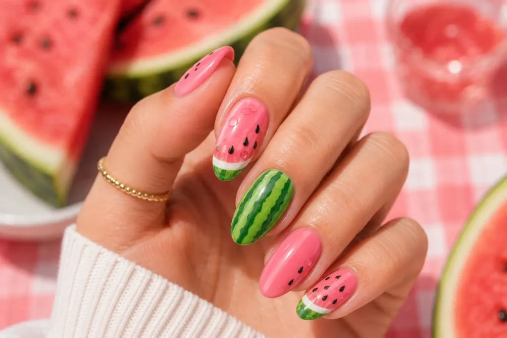 Creative watermelon-inspired summer nail design with pink and green colors