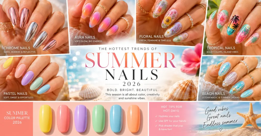 Cute Summer Nails 2026 featuring chrome, floral, aura, and tropical nail designs