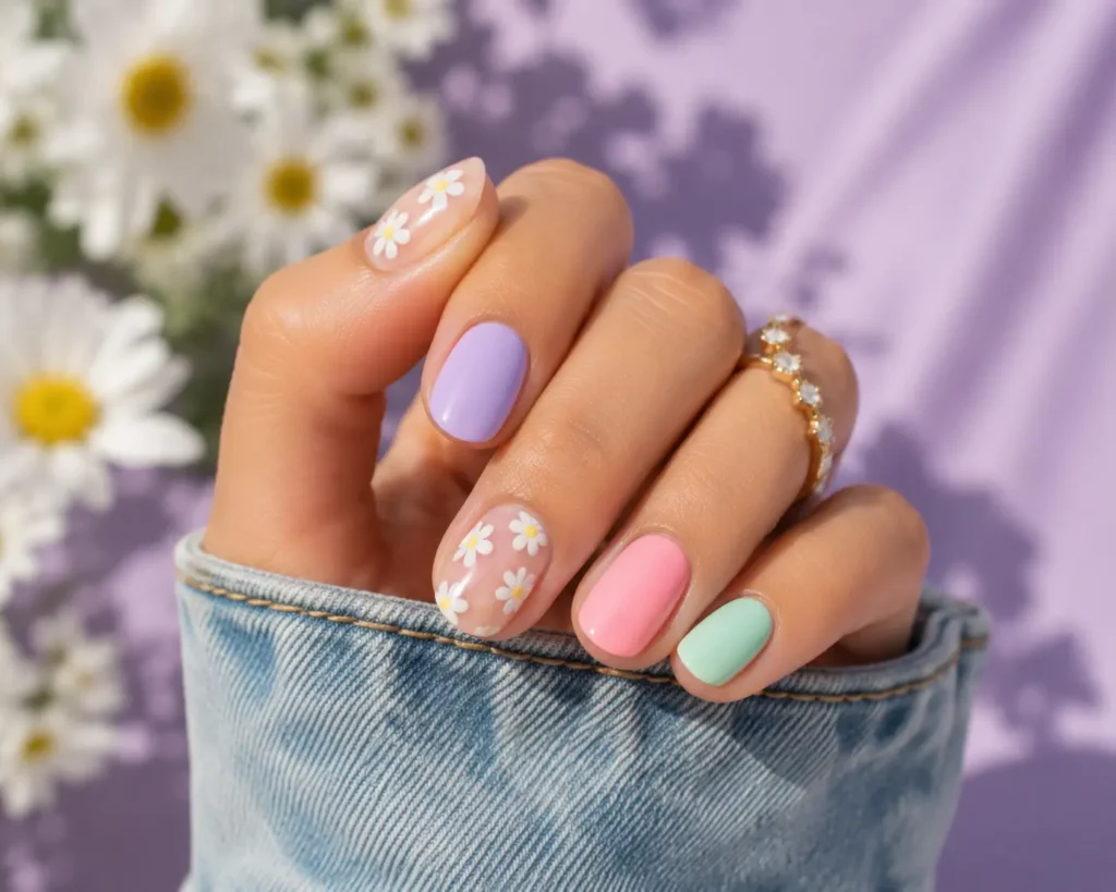 Cute floral summer nails with daisy nail art and pastel colors.
