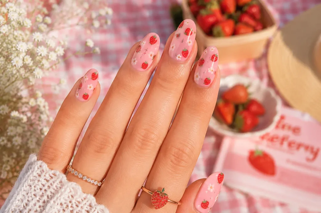 Cute strawberry nail art design on pink summer manicure