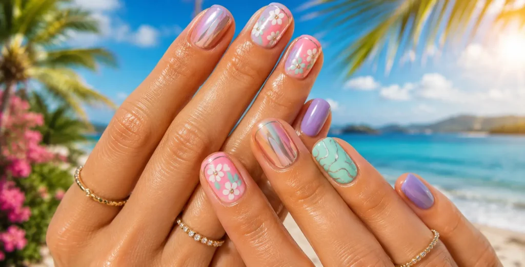 Cute summer nail ideas 2026 featuring pastel, chrome, floral, and tropical nail designs