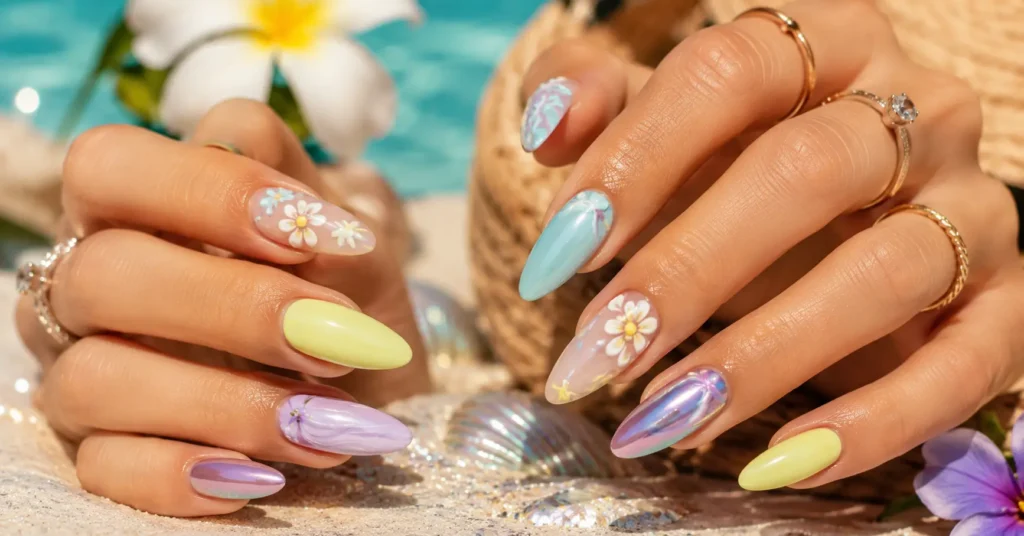 Cute summer nails 2026 featuring pastel colors, chrome finishes, floral nail art, and trendy manicure designs