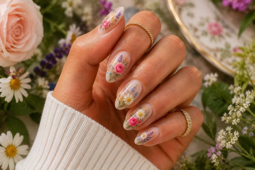 Floral garden nail art featuring colorful flowers