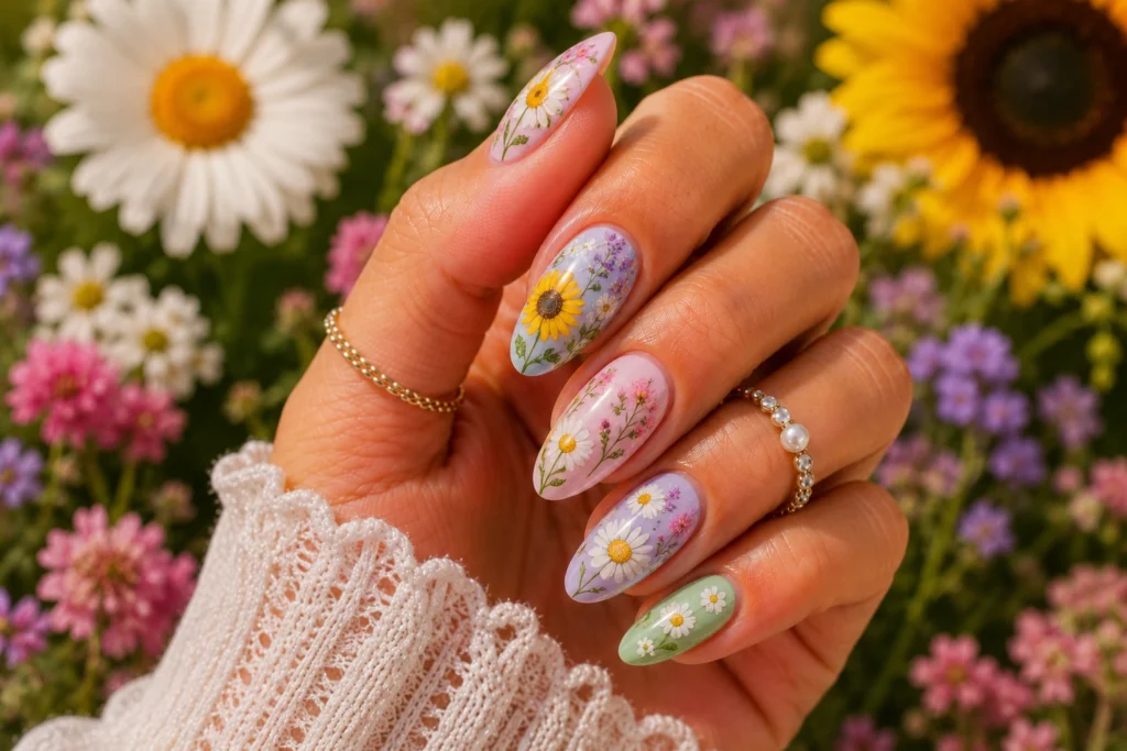 Floral garden nails with daisy and sunflower designs.