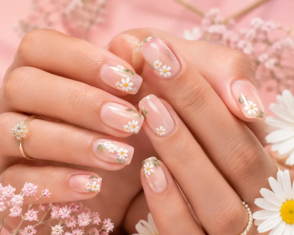 Floral summer nail art with daisy flowers