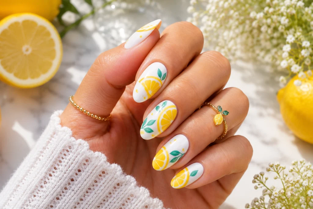 Fresh lemon slice nail art for a fun summer manicure