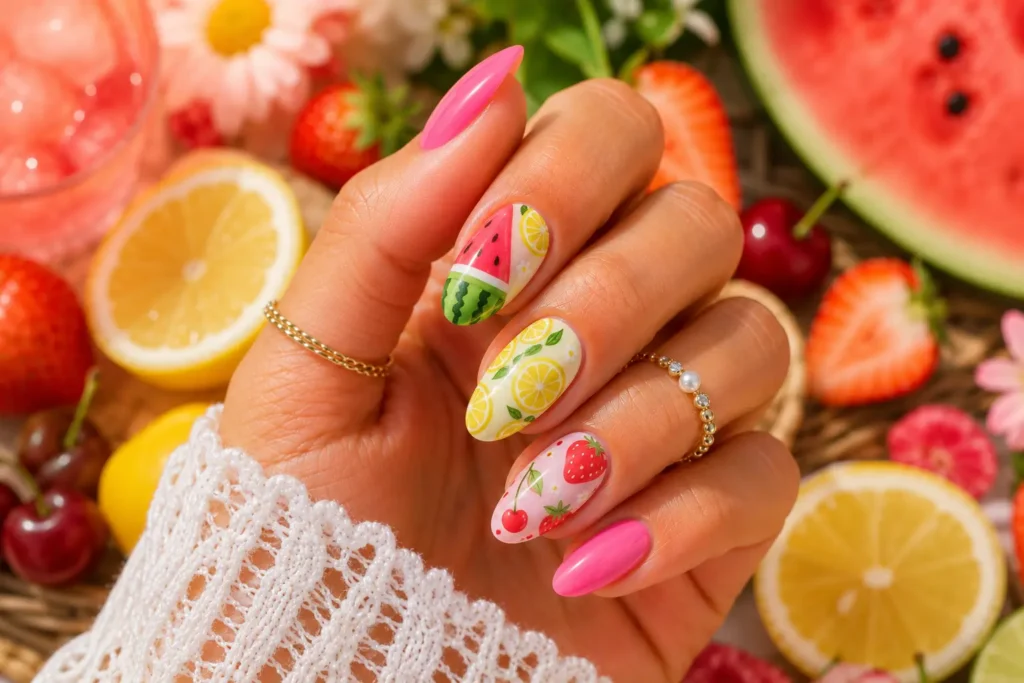 Fruit-inspired summer nails with watermelon and strawberry designs.
