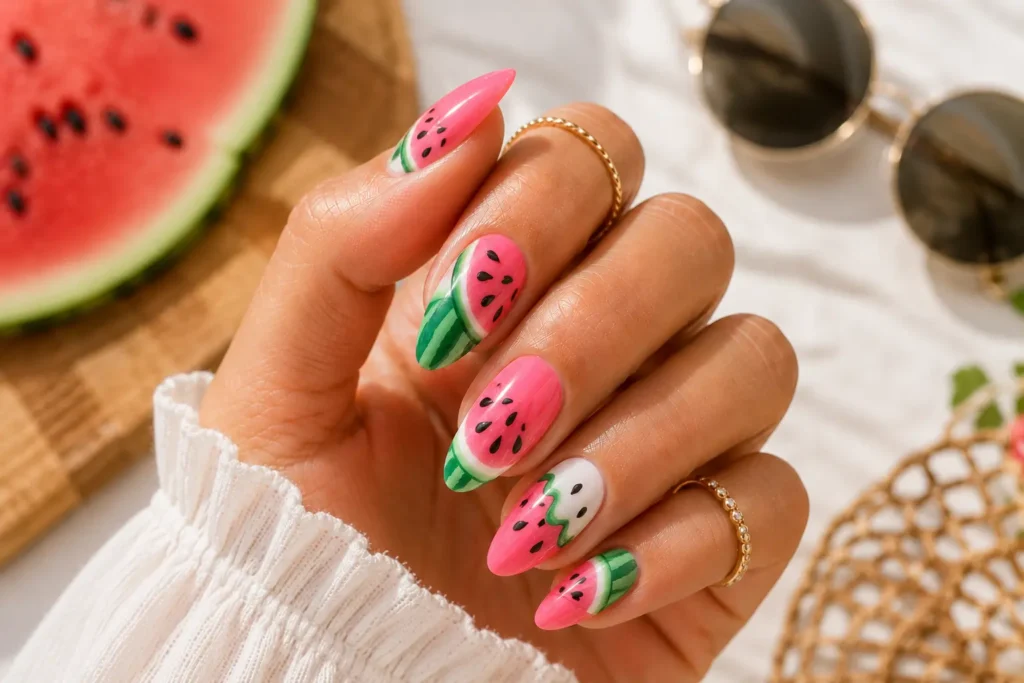 Fun watermelon nail art design for summer