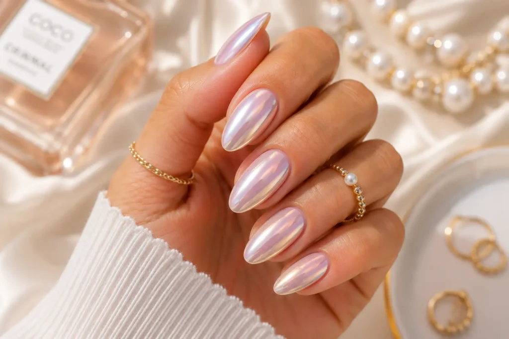 Glazed donut nails with shiny pearl chrome finish.
