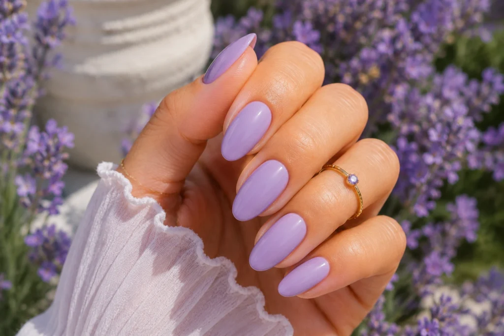 Glossy lavender summer nails with elegant finish