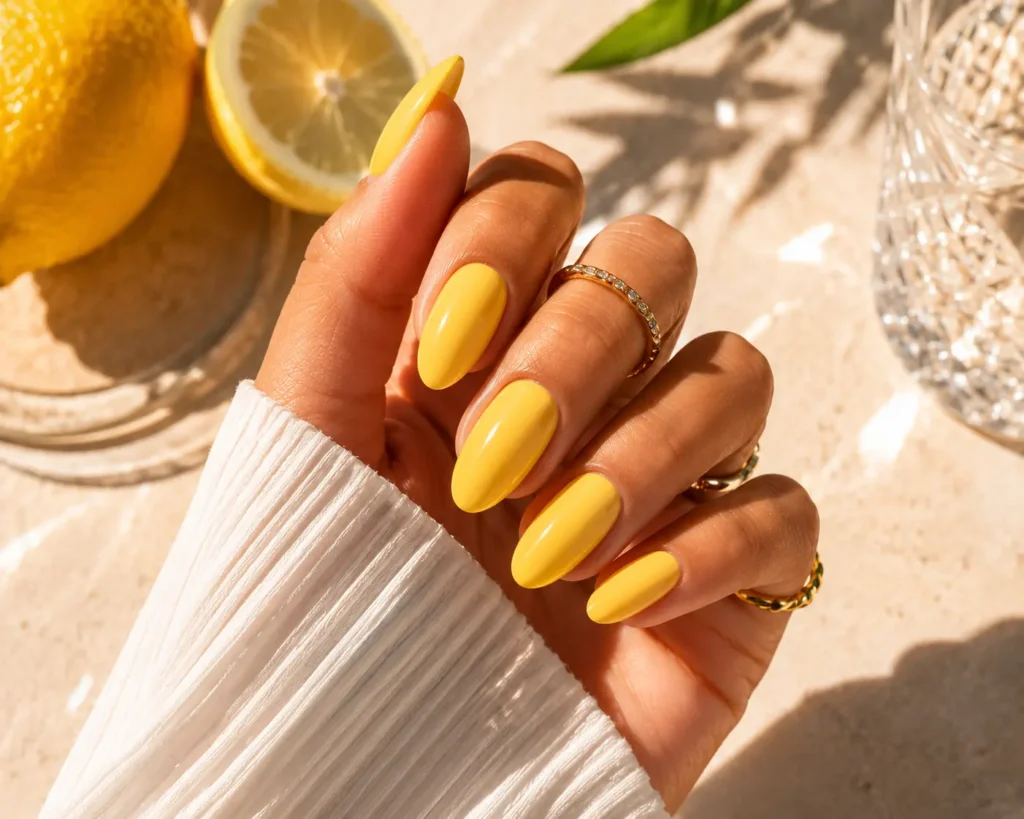 Glossy lemon yellow summer nails 2026.
