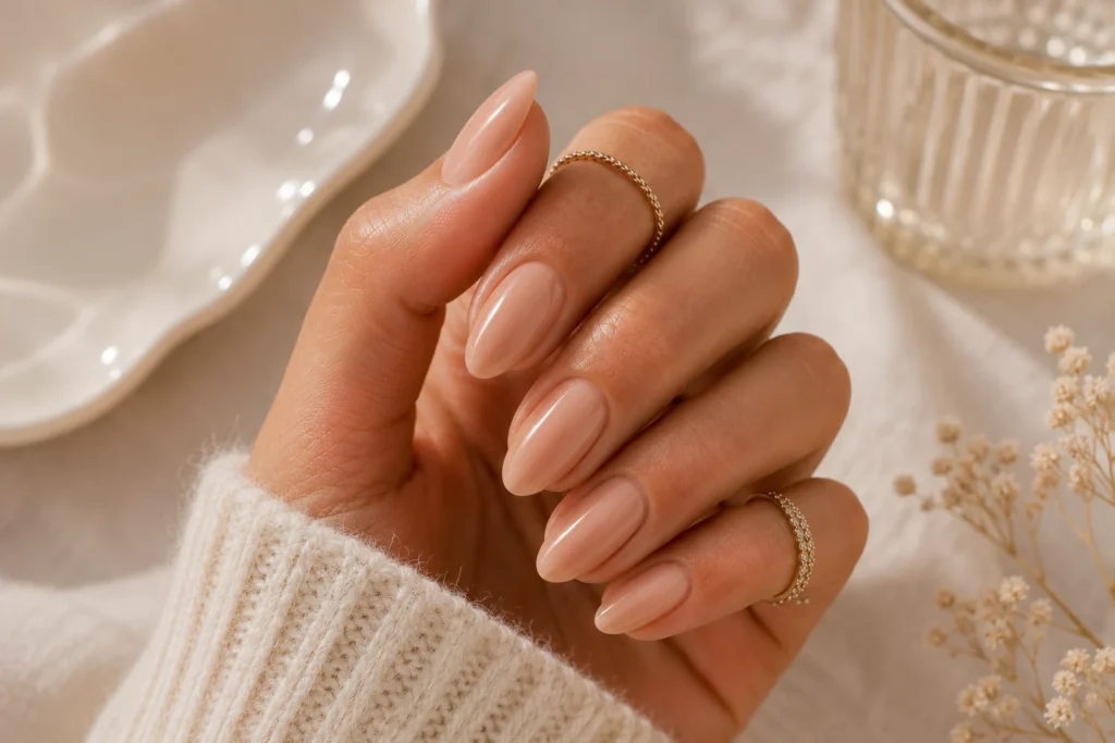 Glossy nude nails with minimalist summer look