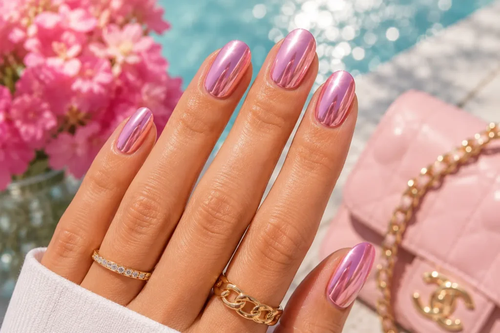 Glossy pink chrome nails trending for summer 2026