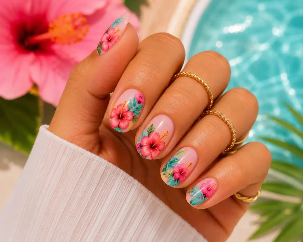Hibiscus flower nail design.