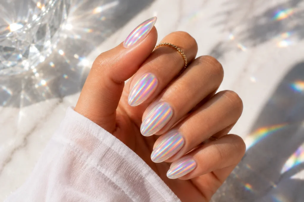 Holographic summer nails with rainbow reflections