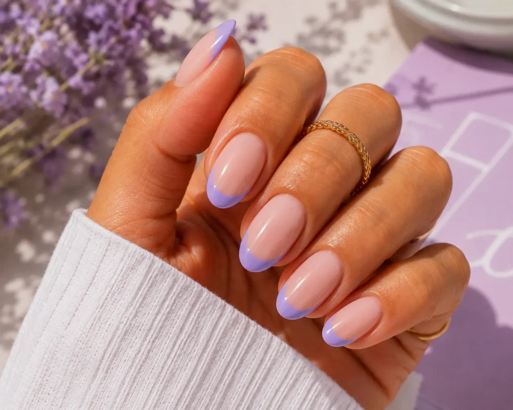 Lavender French tip nails.