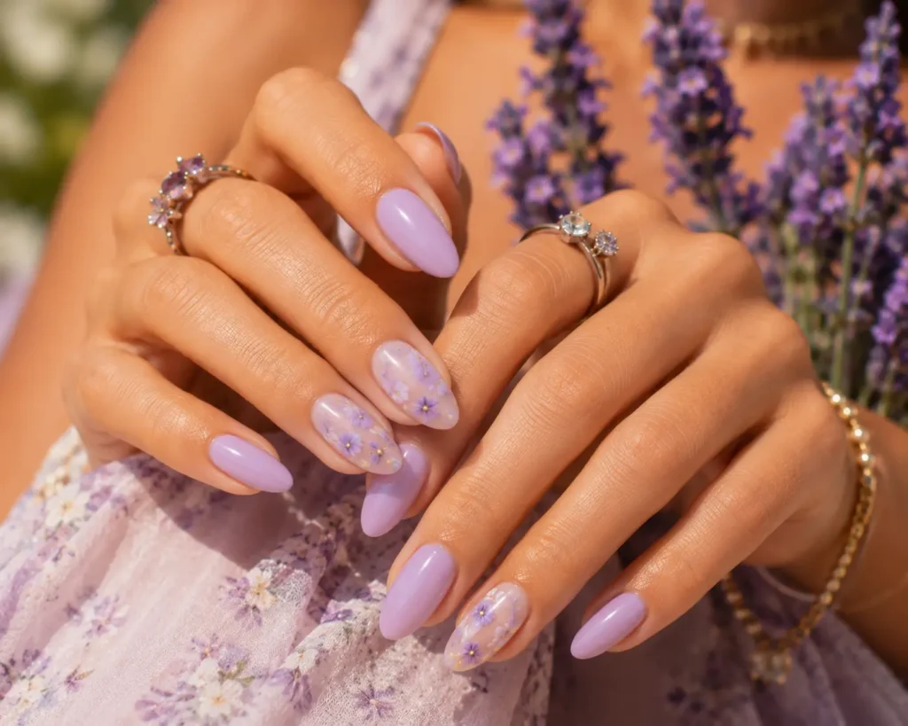 Lavender pastel nails trending for summer 2026 with elegant feminine style.