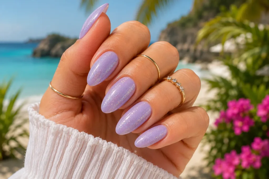 Lavender summer gel nails with glitter accents and glossy shine.