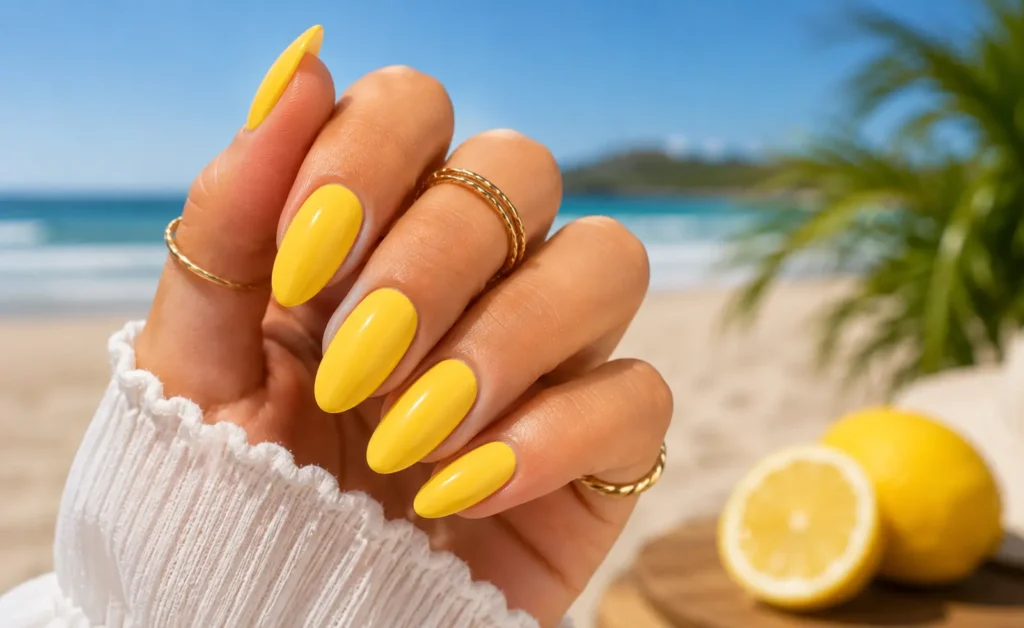 Lemon yellow summer gel nails with glossy modern finish.