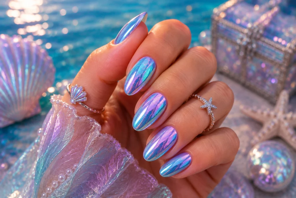 Mermaid chrome nails with iridescent blue and purple shine
