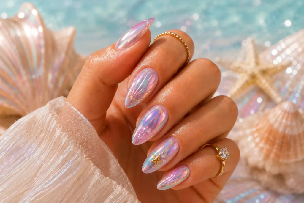 Mermaid chrome nails with iridescent shine